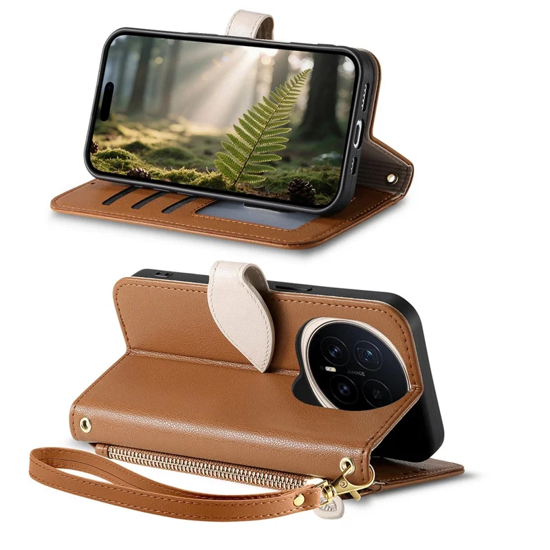 Capa de Couro com Tira de Mão, Forma de Folha, Fecho Magnético, Para Honor Magic8 Pro 5G - Marrom