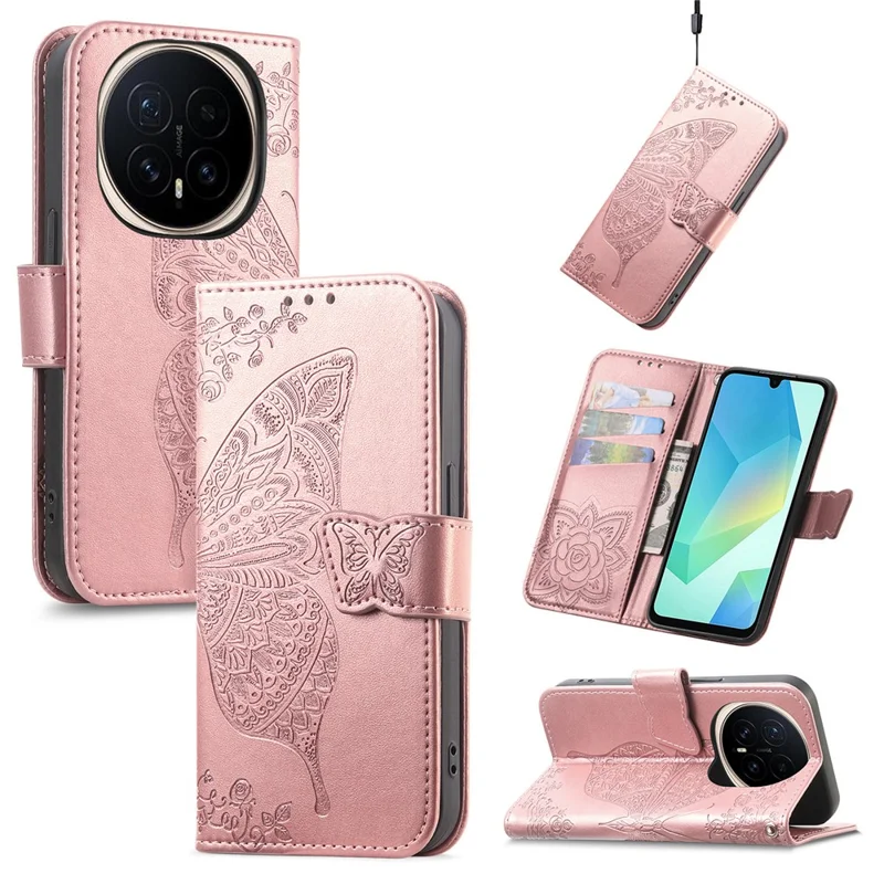 For Honor Magic8 Pro 5G Case with Strap Butterfly Pattern PU Leather Wallet Phone Cover - Rose Gold