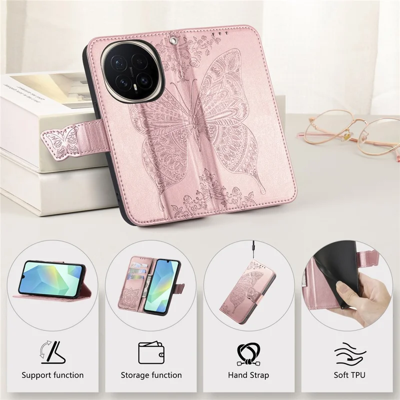 For Honor Magic8 Pro 5G Case with Strap Butterfly Pattern PU Leather Wallet Phone Cover - Rose Gold