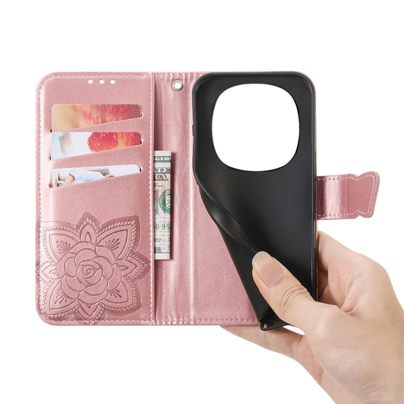 For Honor Magic8 Pro 5G Case with Strap Butterfly Pattern PU Leather Wallet Phone Cover - Rose Gold