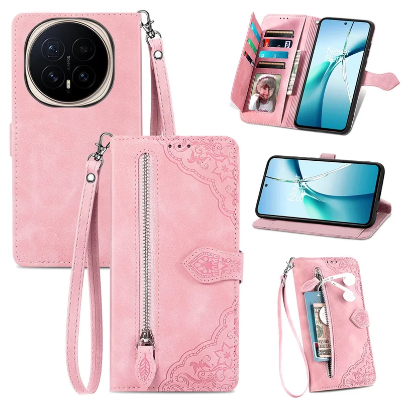 For Honor Magic8 Pro 5G Zipper Wallet Case with Strap Flower Imprint PU Leather Phone Cover - Pink