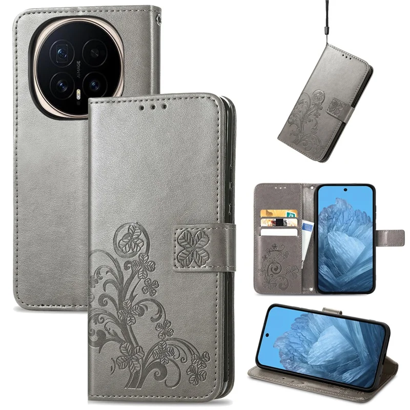 Voor Honor Magic8 Pro 5G Leerhoes Vierbladige Klover Portemonnee Telefoonhoes - Grijs