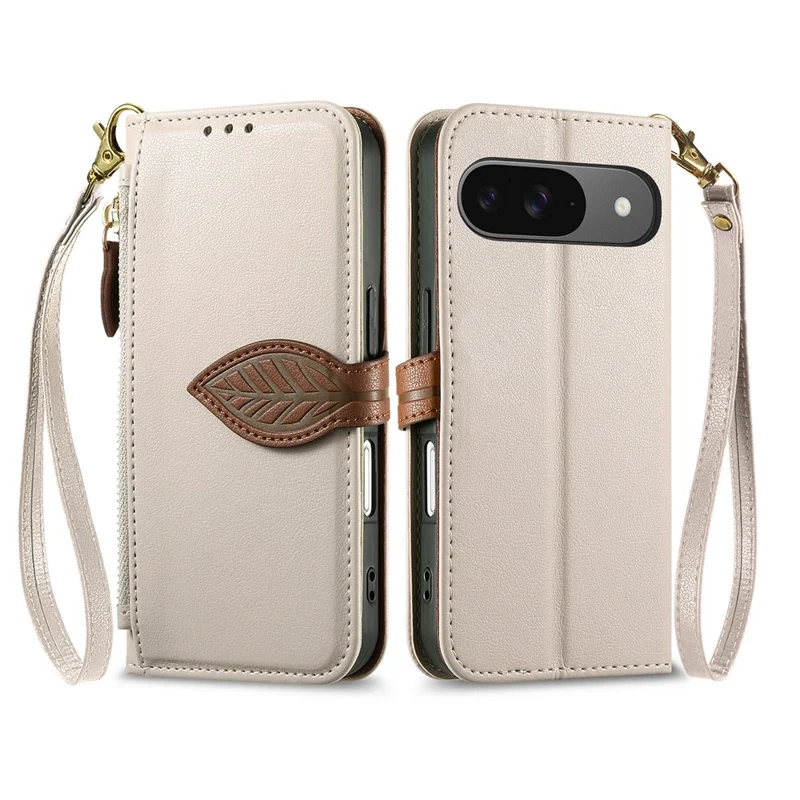 Stand Case for Google Pixel 10  /  Pixel 10 Pro Leaf Shape Magnetic Clasp Leather Phone Cover with Hand Strap - Beige