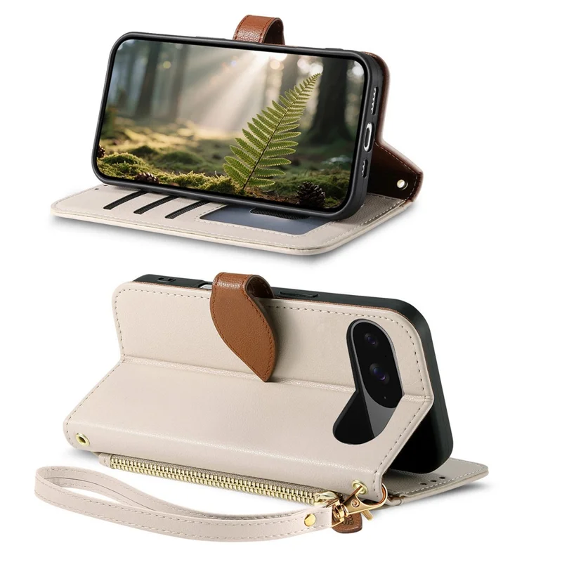 Stand Case for Google Pixel 10  /  Pixel 10 Pro Leaf Shape Magnetic Clasp Leather Phone Cover with Hand Strap - Beige