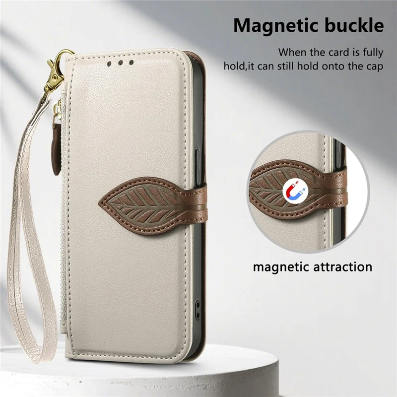 Stand Case for Google Pixel 10  /  Pixel 10 Pro Leaf Shape Magnetic Clasp Leather Phone Cover with Hand Strap - Beige