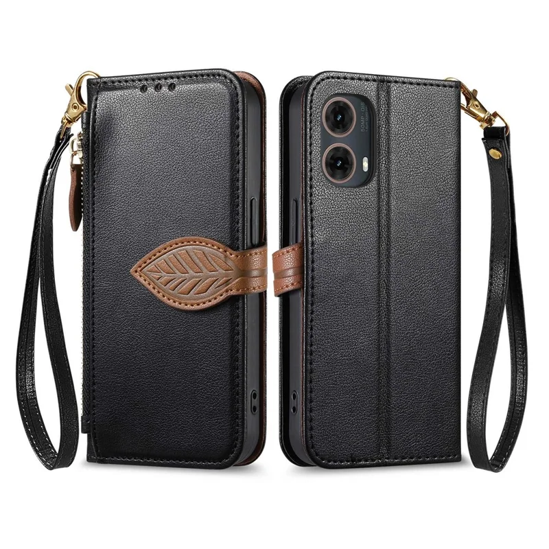 For Motorola Moto G85 5G Stand Case Leaf Shape Magnetic Clasp Leather Phone Cover with Hand Strap - Black
