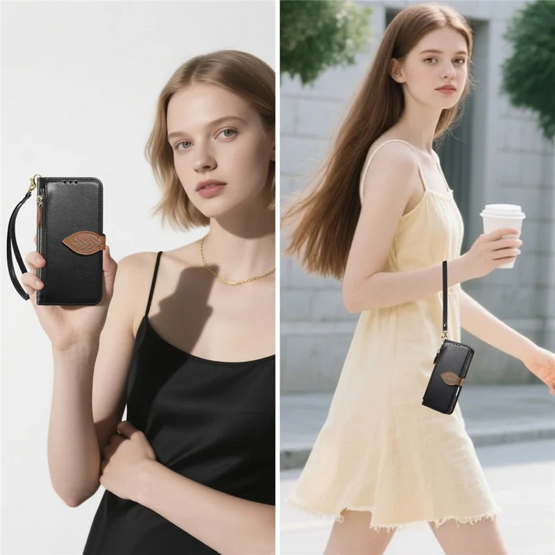 For Motorola Moto G85 5G Stand Case Leaf Shape Magnetic Clasp Leather Phone Cover with Hand Strap - Black