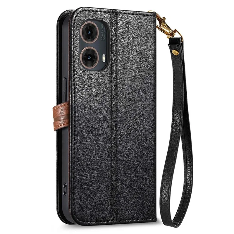 For Motorola Moto G85 5G Stand Case Leaf Shape Magnetic Clasp Leather Phone Cover with Hand Strap - Black