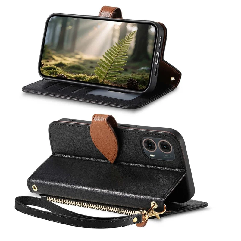 For Motorola Moto G85 5G Stand Case Leaf Shape Magnetic Clasp Leather Phone Cover with Hand Strap - Black