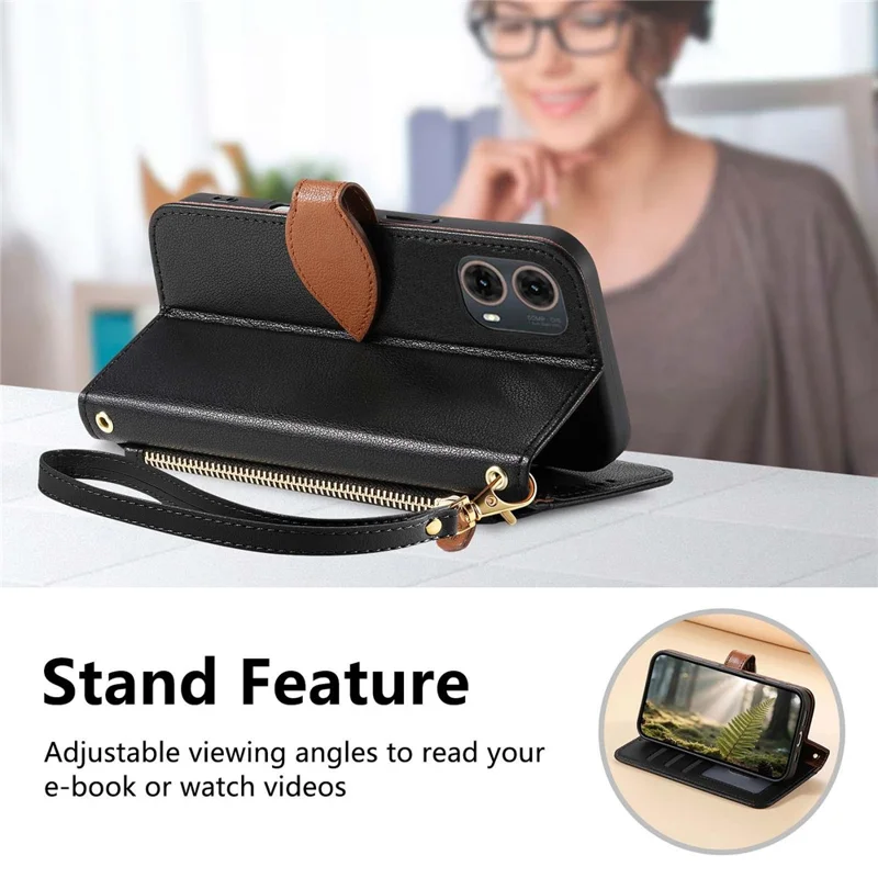 For Motorola Moto G85 5G Stand Case Leaf Shape Magnetic Clasp Leather Phone Cover with Hand Strap - Black
