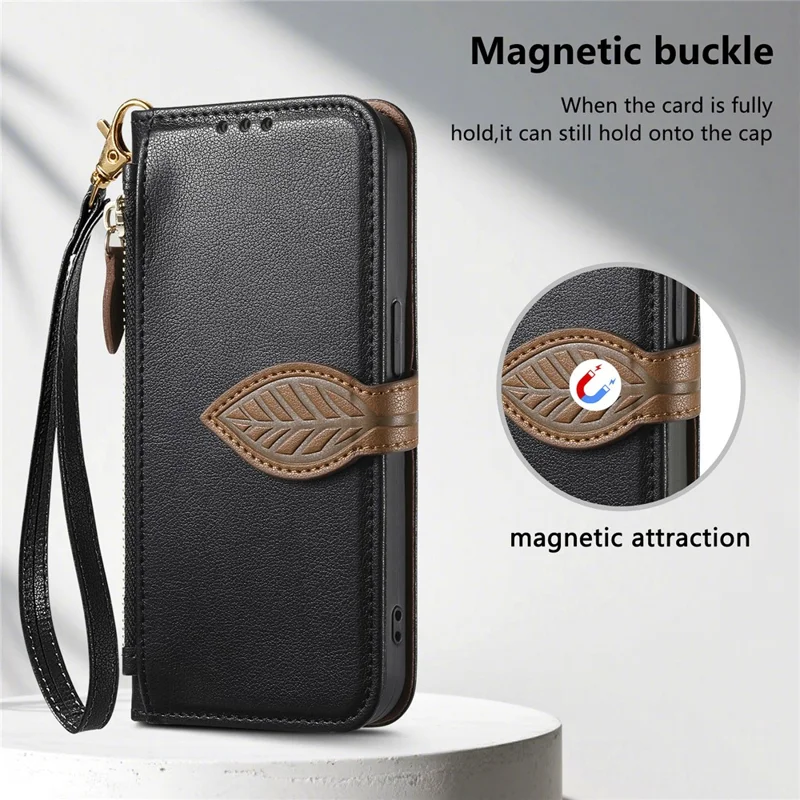 For Motorola Moto G85 5G Stand Case Leaf Shape Magnetic Clasp Leather Phone Cover with Hand Strap - Black