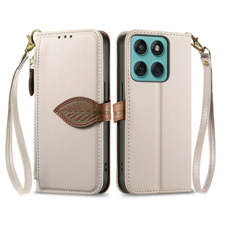 Custodia in piedi per Motorola Edge 60 Fusion 5G / Edge 60 5G Custodia in pelle a forma di foglia con chiusura magnetica e cinturino da polso - Beige