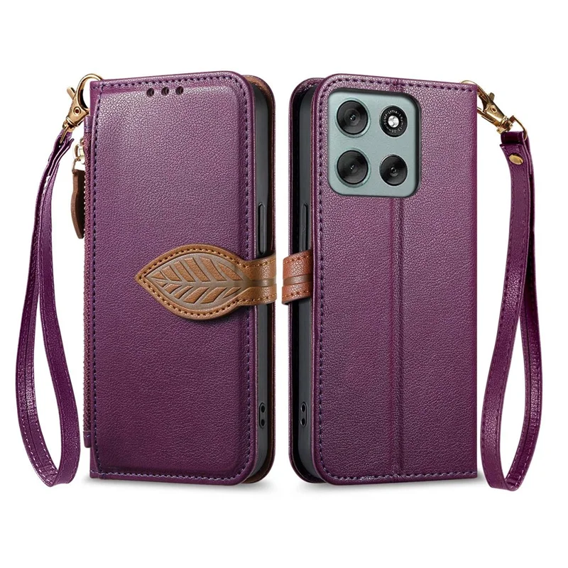 Folia do Motorola Moto G56 5G z podpórką, skórzana obudowa z magnetyczną klamrą w kształcie liścia z ręcznym paskiem - fioletowa