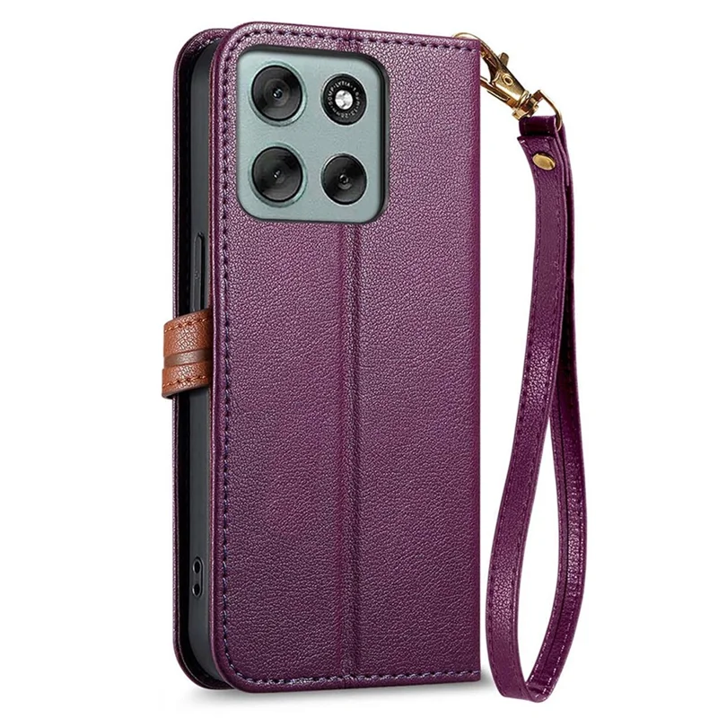 Folia do Motorola Moto G56 5G z podpórką, skórzana obudowa z magnetyczną klamrą w kształcie liścia z ręcznym paskiem - fioletowa