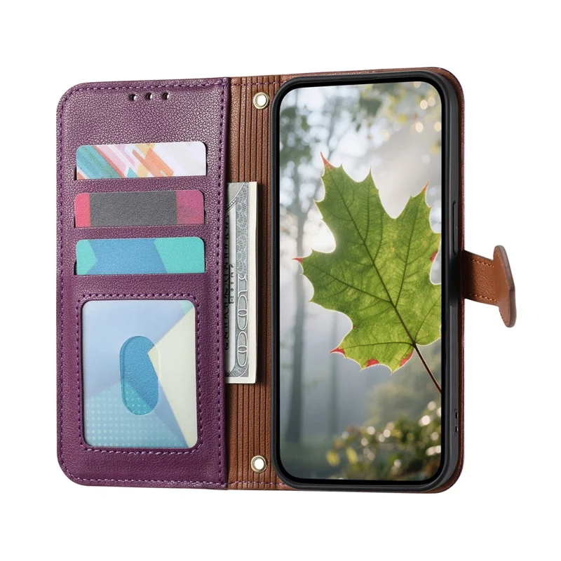 Folia do Motorola Moto G56 5G z podpórką, skórzana obudowa z magnetyczną klamrą w kształcie liścia z ręcznym paskiem - fioletowa