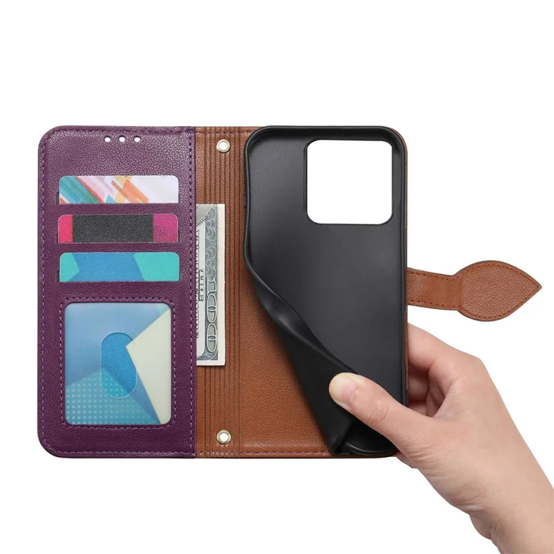 Folia do Motorola Moto G56 5G z podpórką, skórzana obudowa z magnetyczną klamrą w kształcie liścia z ręcznym paskiem - fioletowa