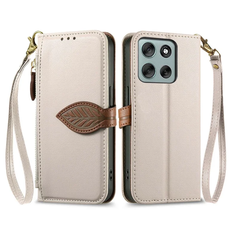 For Motorola Moto G56 5G Stand Case Leaf Shape Magnetic Clasp Leather Phone Cover with Hand Strap - Beige