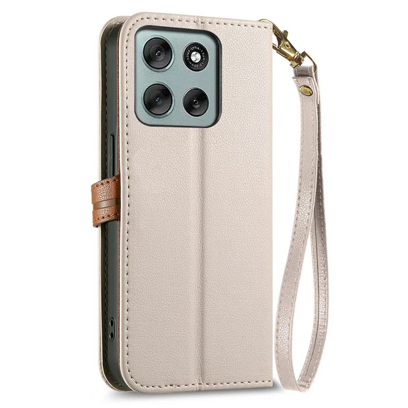 For Motorola Moto G56 5G Stand Case Leaf Shape Magnetic Clasp Leather Phone Cover with Hand Strap - Beige