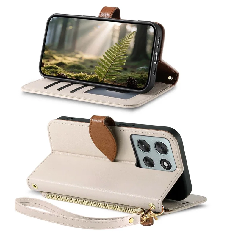 For Motorola Moto G56 5G Stand Case Leaf Shape Magnetic Clasp Leather Phone Cover with Hand Strap - Beige