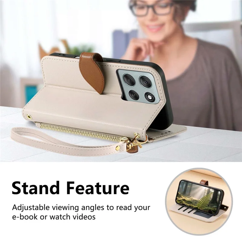 For Motorola Moto G56 5G Stand Case Leaf Shape Magnetic Clasp Leather Phone Cover with Hand Strap - Beige