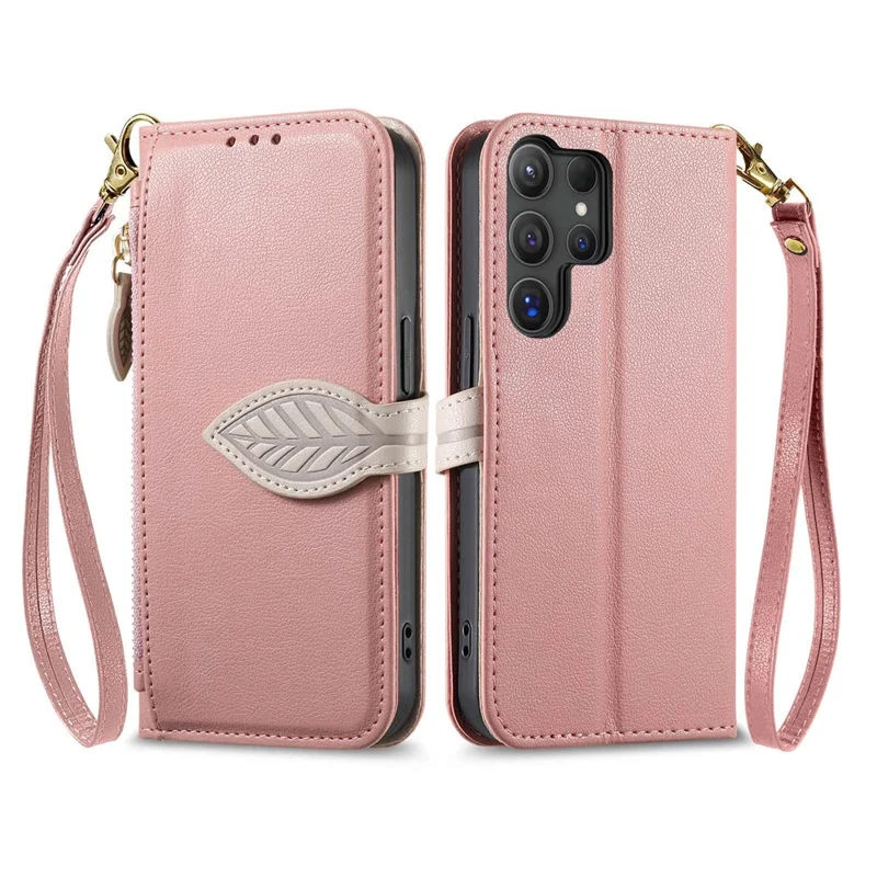 For Samsung Galaxy S25 Ultra Stand Case Leaf Shape Magnetic Clasp Leather Phone Cover with Hand Strap - Rose Gold