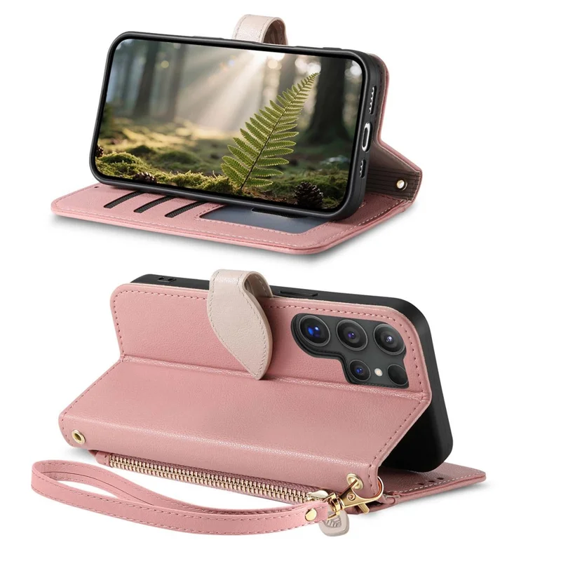 For Samsung Galaxy S25 Ultra Stand Case Leaf Shape Magnetic Clasp Leather Phone Cover with Hand Strap - Rose Gold