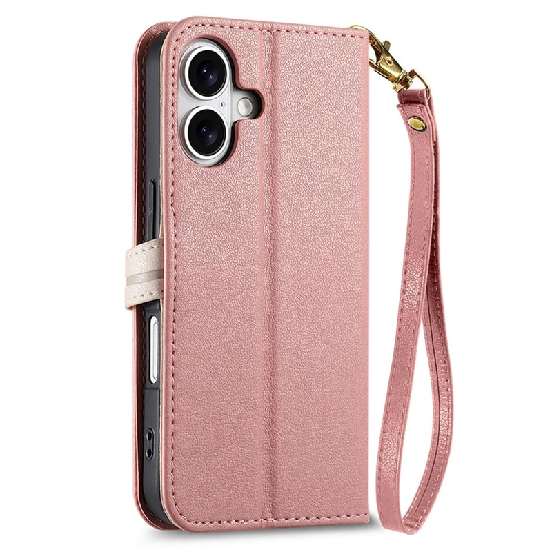 iPhone 16 Ständer Hülle Blattform Magnetischer Verschluss Leder Handyhülle mit Handschlaufe - Roségold