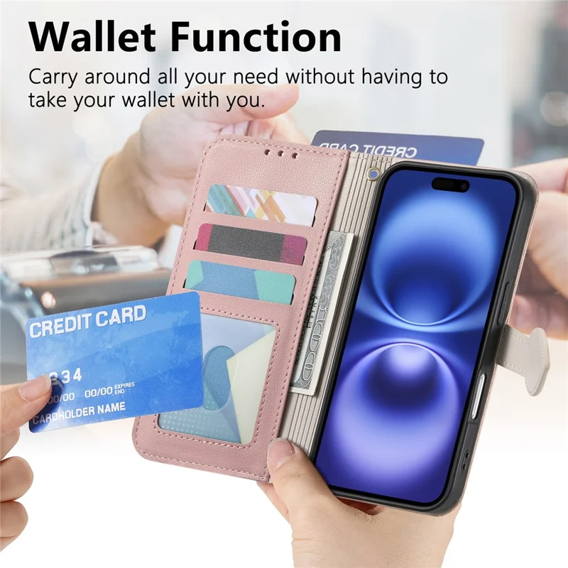 iPhone 16 Ständer Hülle Blattform Magnetischer Verschluss Leder Handyhülle mit Handschlaufe - Roségold