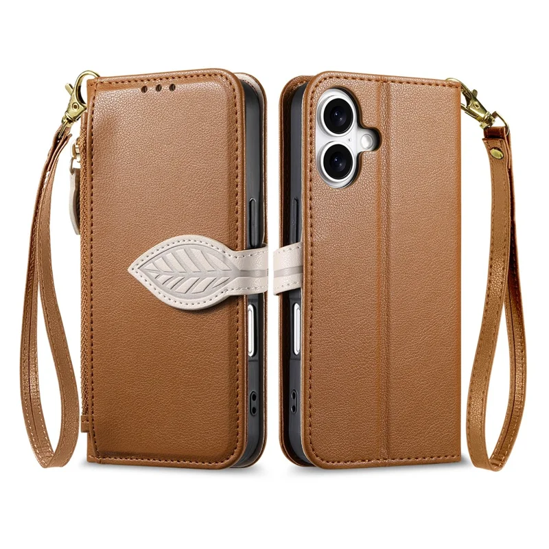 För iPhone 16 ställfodral med bladformad magnetisk spänne i läder med handlina - Brun