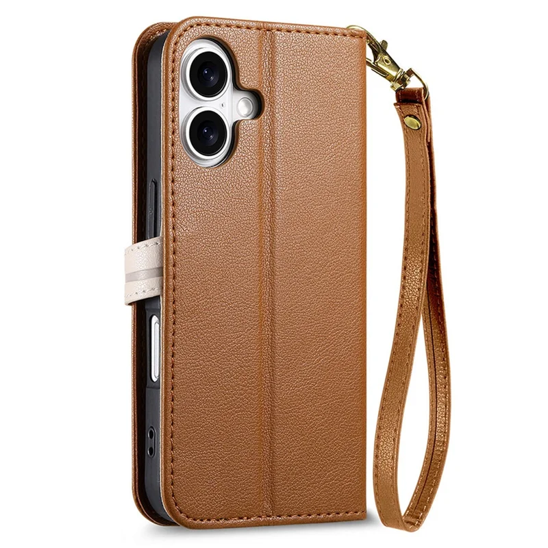 För iPhone 16 ställfodral med bladformad magnetisk spänne i läder med handlina - Brun