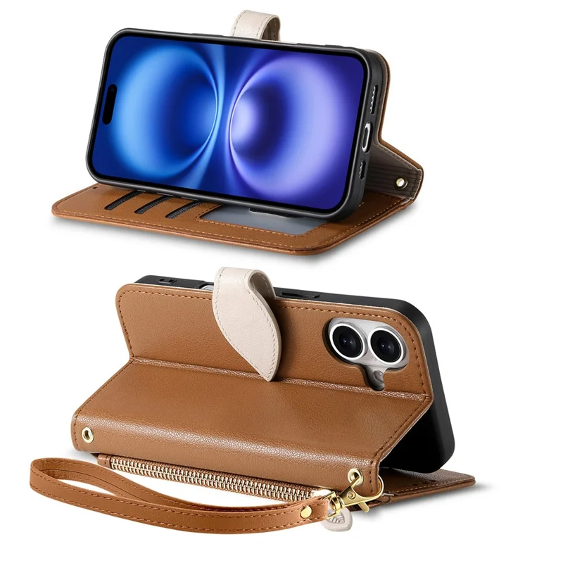 För iPhone 16 ställfodral med bladformad magnetisk spänne i läder med handlina - Brun