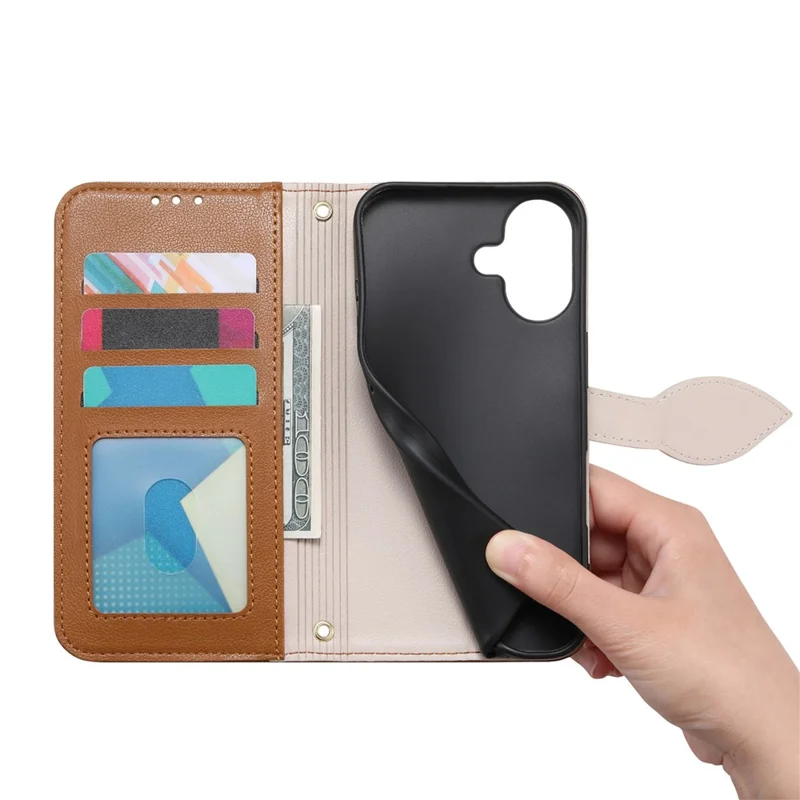 För iPhone 16 ställfodral med bladformad magnetisk spänne i läder med handlina - Brun