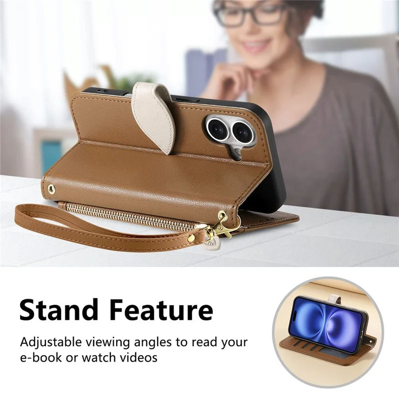 För iPhone 16 ställfodral med bladformad magnetisk spänne i läder med handlina - Brun