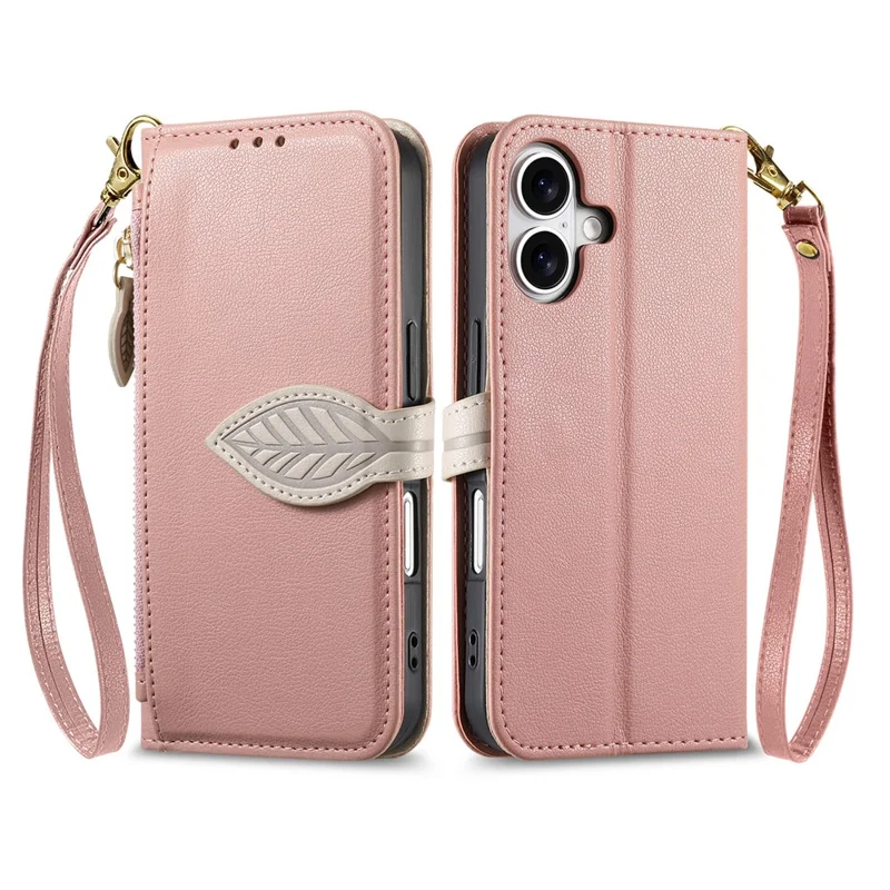 For iPhone 17 Stand Case Leaf Shape Magnetic Clasp Leather Phone Cover with Hand Strap - Rose Gold