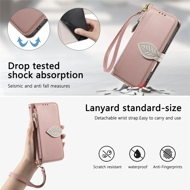 For iPhone 17 Stand Case Leaf Shape Magnetic Clasp Leather Phone Cover with Hand Strap - Rose Gold