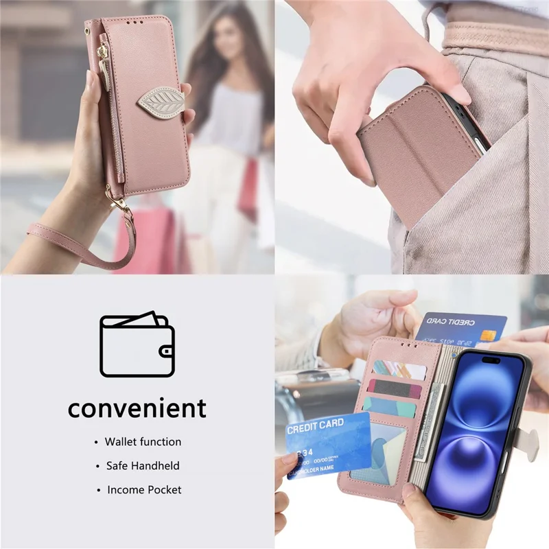 For iPhone 17 Stand Case Leaf Shape Magnetic Clasp Leather Phone Cover with Hand Strap - Rose Gold