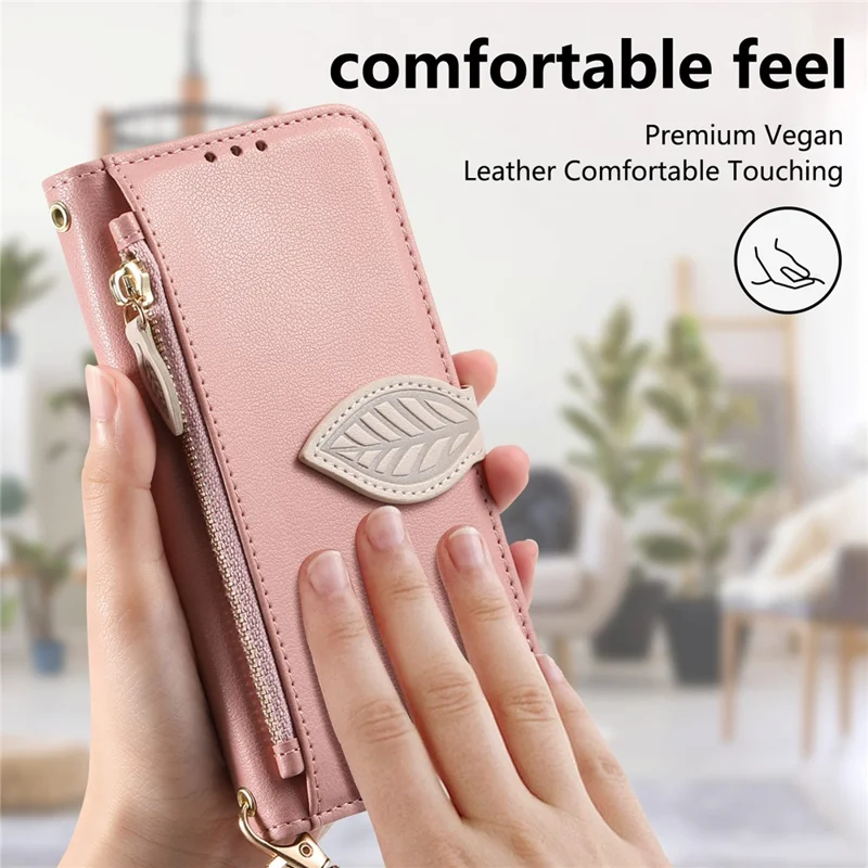 For iPhone 17 Stand Case Leaf Shape Magnetic Clasp Leather Phone Cover with Hand Strap - Rose Gold