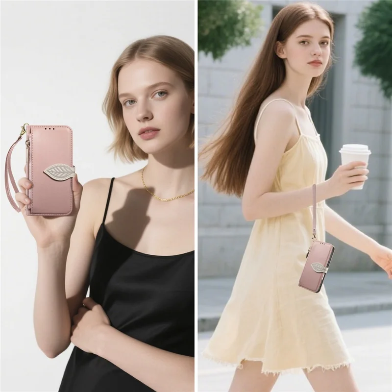 For iPhone 17 Stand Case Leaf Shape Magnetic Clasp Leather Phone Cover with Hand Strap - Rose Gold
