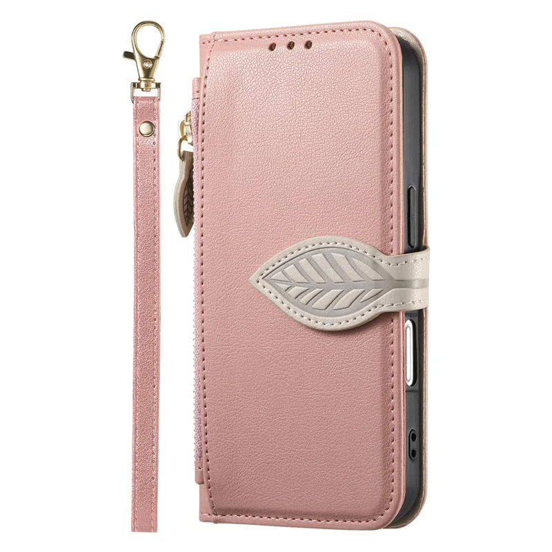 For iPhone 17 Stand Case Leaf Shape Magnetic Clasp Leather Phone Cover with Hand Strap - Rose Gold