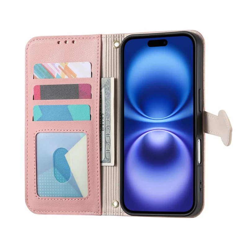 For iPhone 17 Stand Case Leaf Shape Magnetic Clasp Leather Phone Cover with Hand Strap - Rose Gold