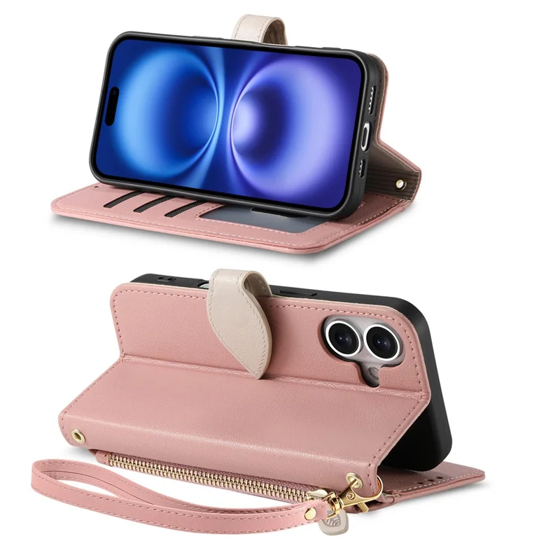 For iPhone 17 Stand Case Leaf Shape Magnetic Clasp Leather Phone Cover with Hand Strap - Rose Gold
