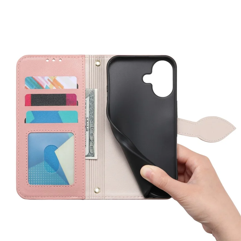 For iPhone 17 Stand Case Leaf Shape Magnetic Clasp Leather Phone Cover with Hand Strap - Rose Gold