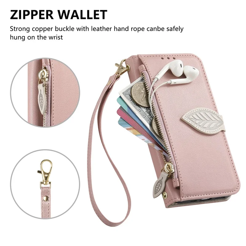 For iPhone 17 Stand Case Leaf Shape Magnetic Clasp Leather Phone Cover with Hand Strap - Rose Gold