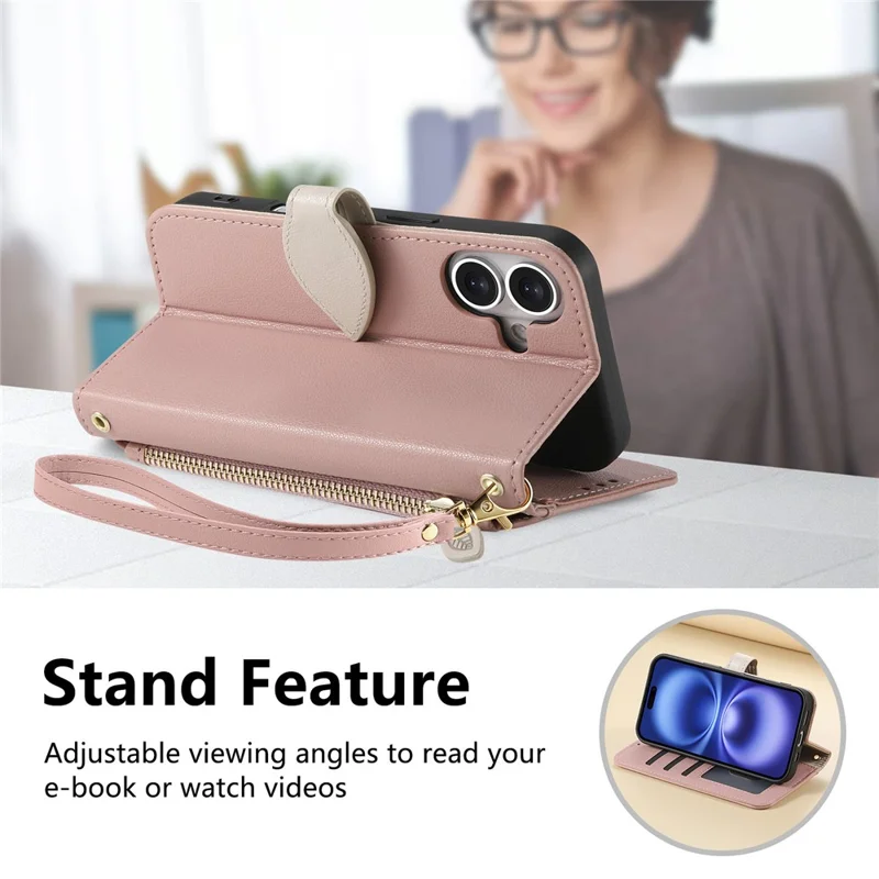 For iPhone 17 Stand Case Leaf Shape Magnetic Clasp Leather Phone Cover with Hand Strap - Rose Gold