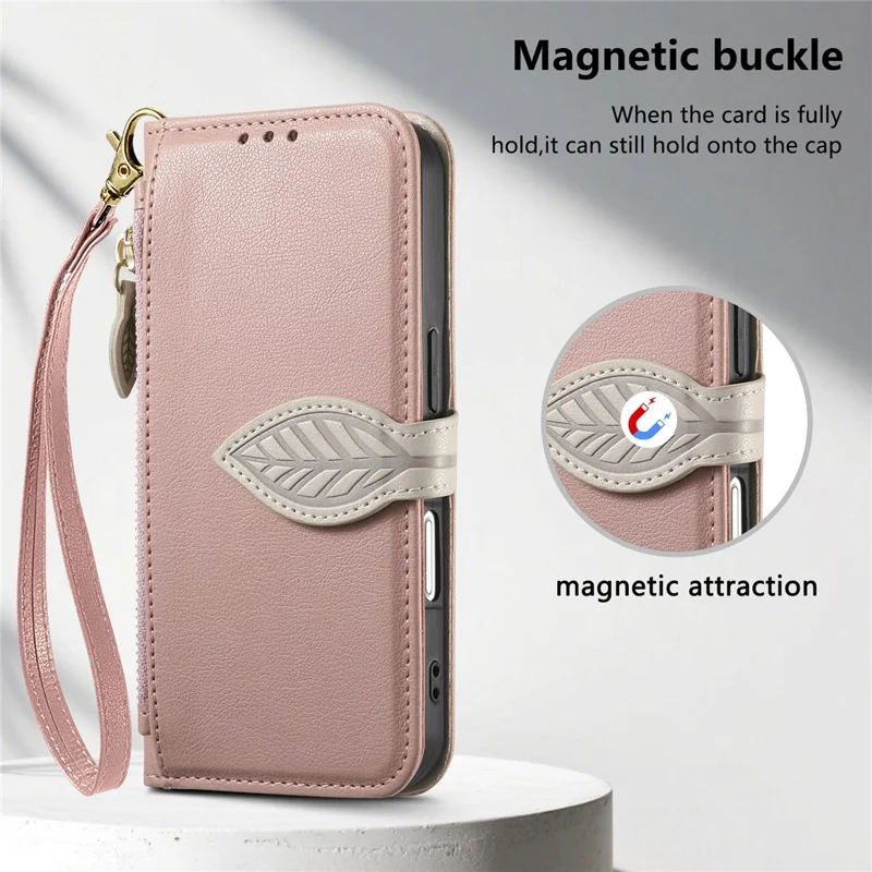 For iPhone 17 Stand Case Leaf Shape Magnetic Clasp Leather Phone Cover with Hand Strap - Rose Gold