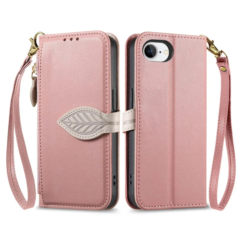 For iPhone 16e Stand Case Leaf Shape Magnetic Clasp Leather Phone Cover with Hand Strap - Rose Gold