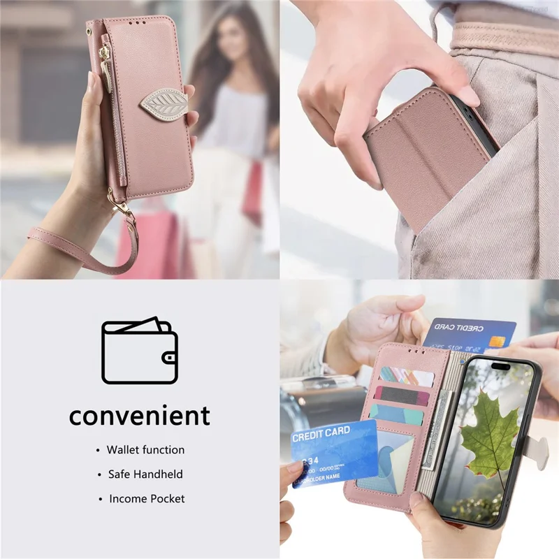 For iPhone 16e Stand Case Leaf Shape Magnetic Clasp Leather Phone Cover with Hand Strap - Rose Gold