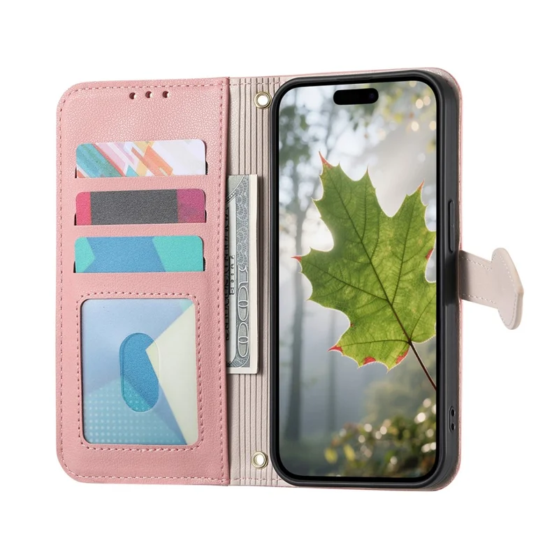 For iPhone 16e Stand Case Leaf Shape Magnetic Clasp Leather Phone Cover with Hand Strap - Rose Gold