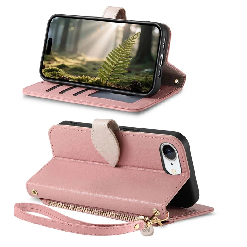For iPhone 16e Stand Case Leaf Shape Magnetic Clasp Leather Phone Cover with Hand Strap - Rose Gold
