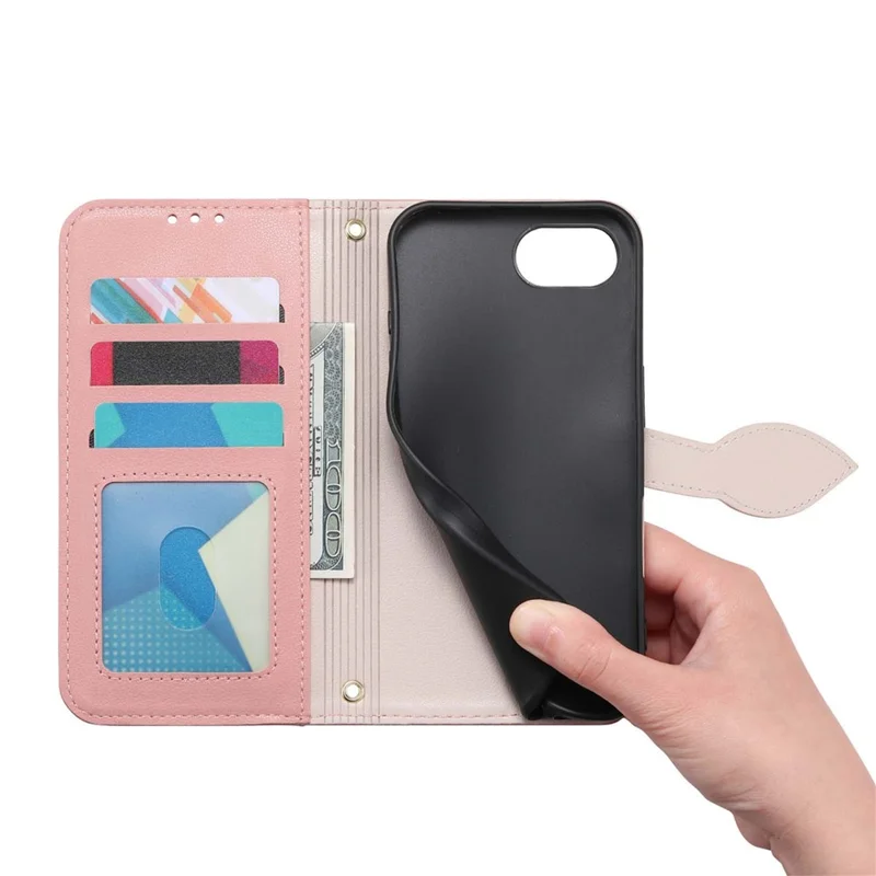 For iPhone 16e Stand Case Leaf Shape Magnetic Clasp Leather Phone Cover with Hand Strap - Rose Gold
